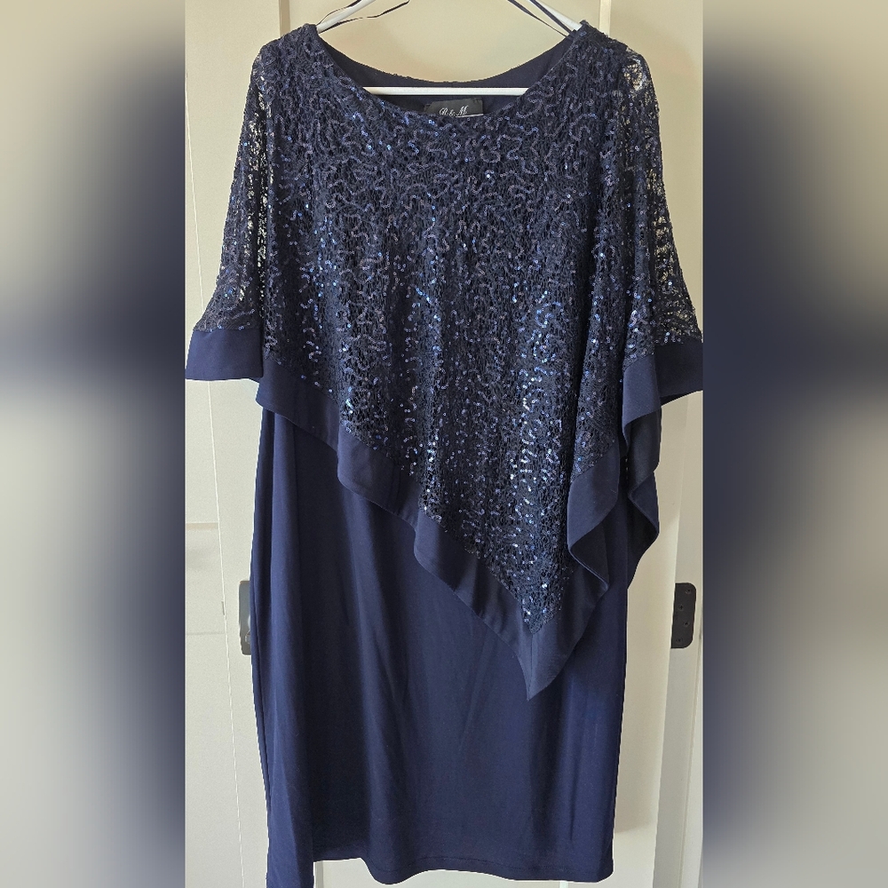 Elegant Navy Blue Lace And Sequin Overlay Dress Size 16